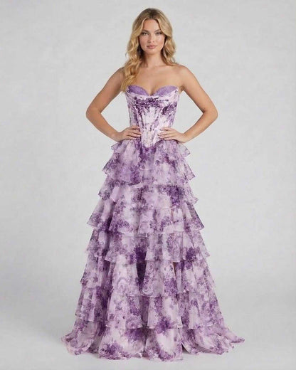 Amethyst Maxi Dress by Lauven, featuring a structured strapless bodice and dramatic tiered chiffon skirt in purple floral design.