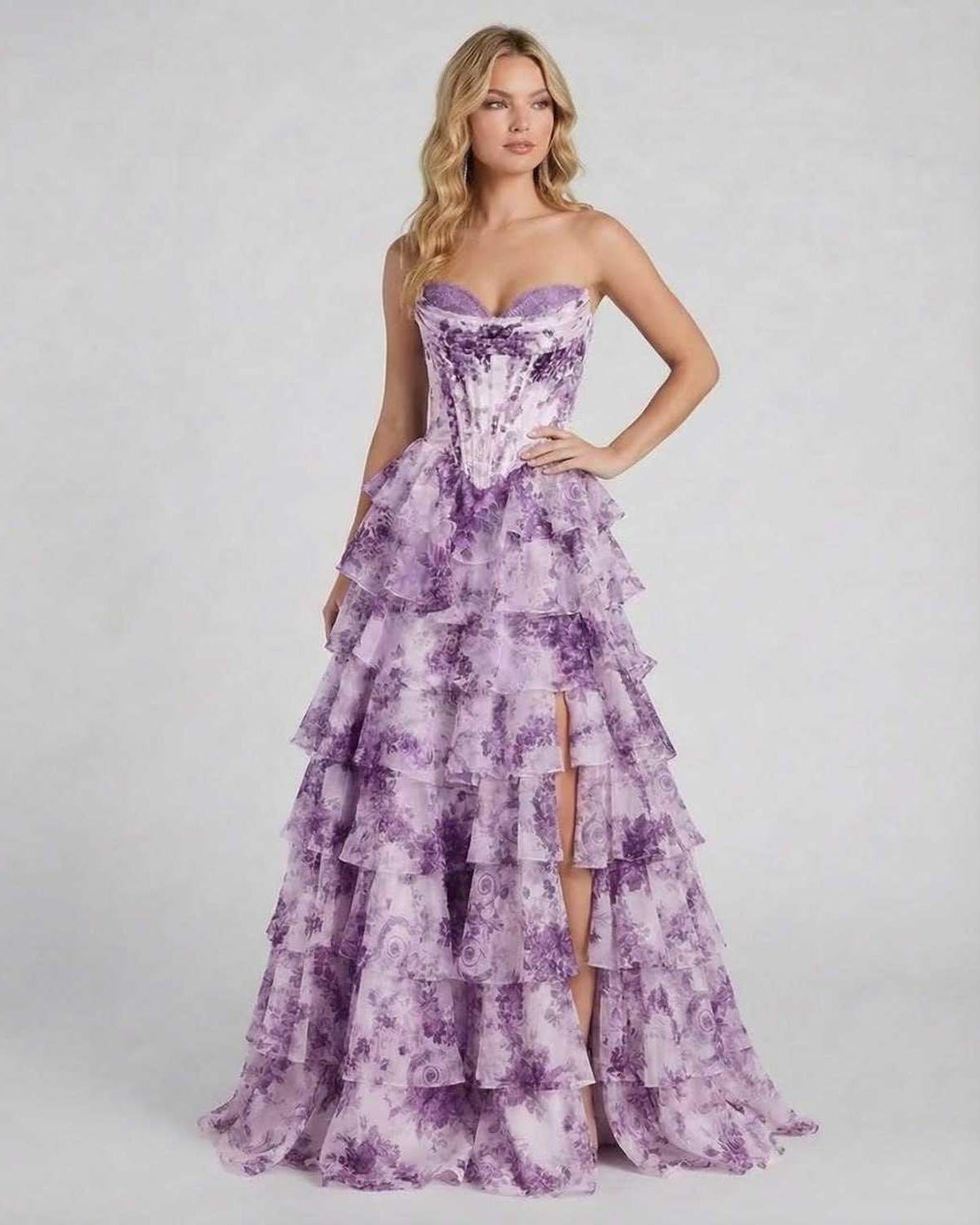 Amethyst Maxi Dress by Lauven, a stunning strapless floral chiffon gown with a tiered skirt in soft purple.