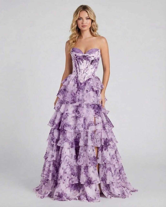 Amethyst Maxi Dress by Lauven - Elegant purple floral tiered chiffon gown for special occasions.