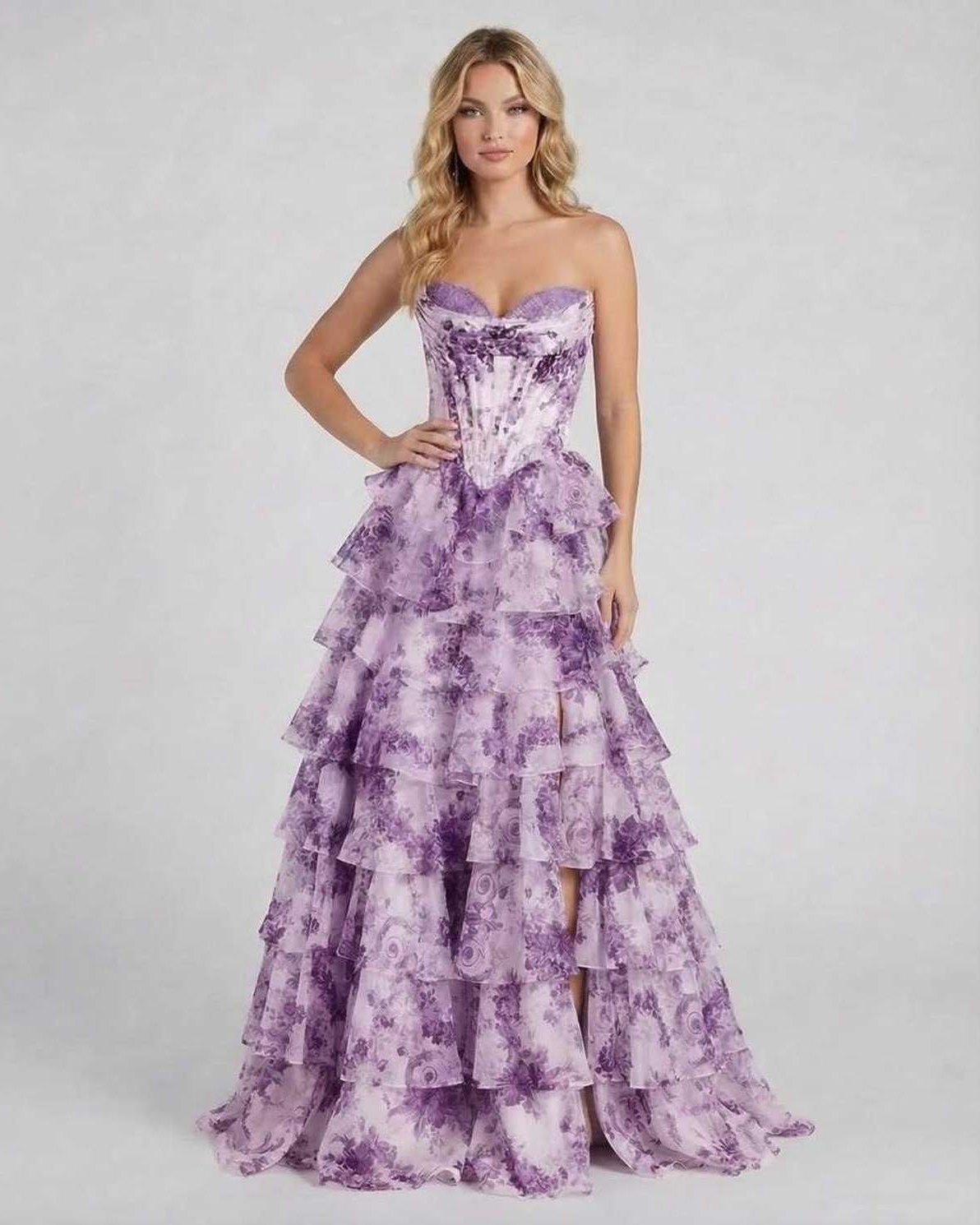 Amethyst Maxi Dress by Lauven - Purple Floral Tiered Chiffon Prom Dress with Strapless Corset Bodice