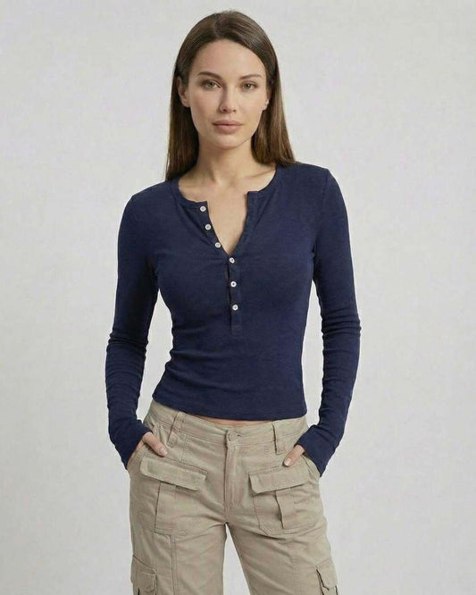 Arden Long Sleeve by Lauven - Women’s navy blue long sleeve top with slim fit and button placket.