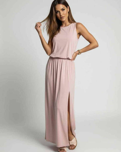 Arden Maxi Dress, blush pink sleeveless, side slit, relaxed silhouette by Lauven for effortless elegance.