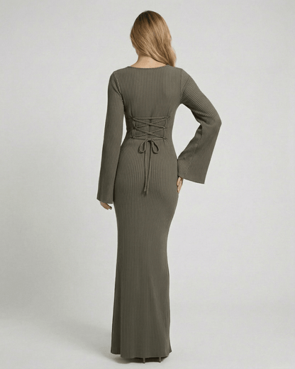 Arden Maxi Dress back view showing ribbed knit, long sleeves, olive grey color, elegant design by Lauven.