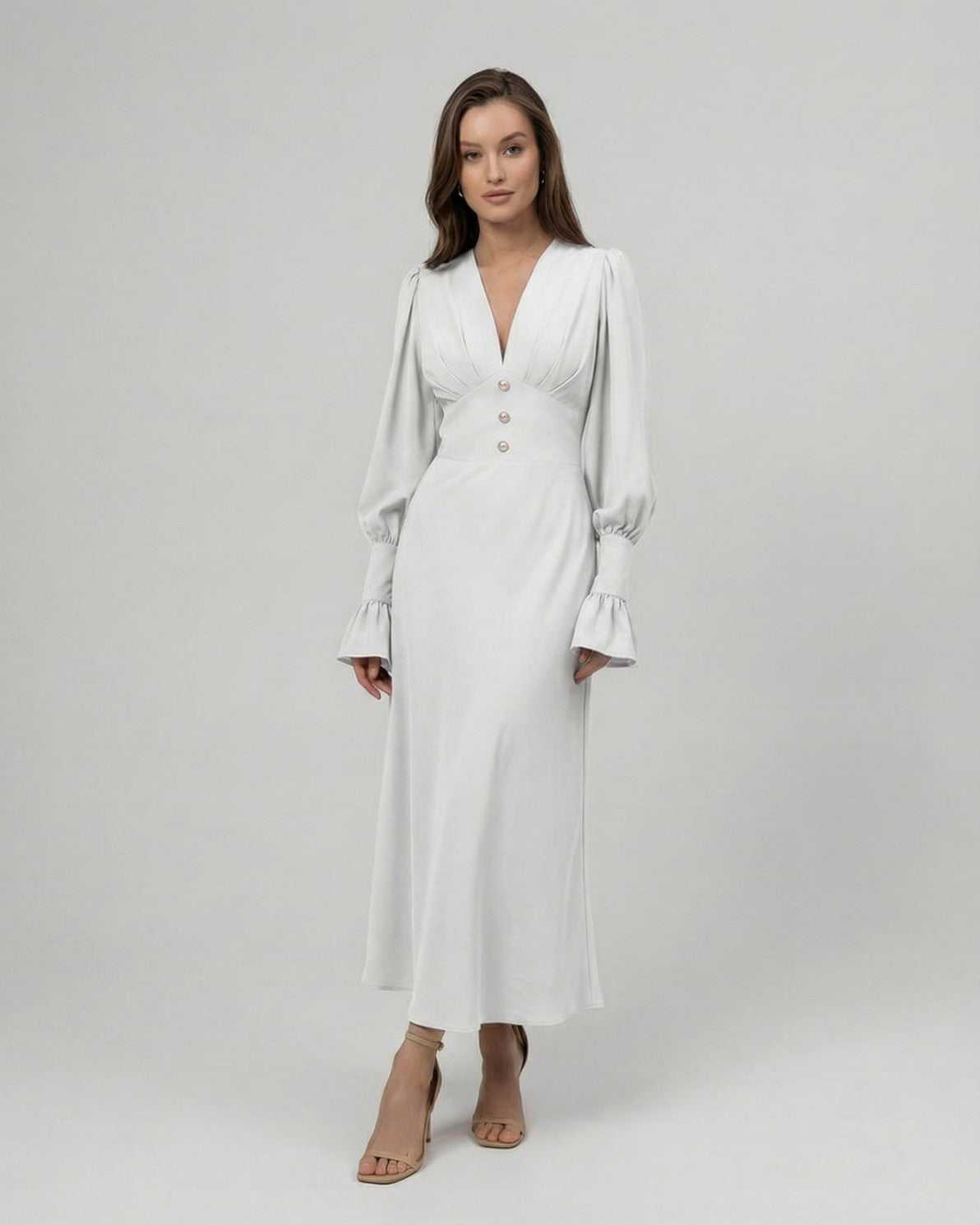 Arden Midi Dress – White Midi Dress with long sleeves, V-neckline, A-line silhouette by Lauven for timeless elegance.