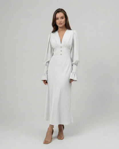 Arden Midi Dress – White Midi Dress with long sleeves, V-neckline, A-line silhouette by Lauven for timeless elegance.