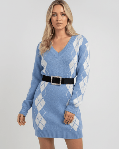 Arden Mini Dress in soft acrylic knit, V-neck, cozy argyle pattern, modern relaxed fit by Lauven.