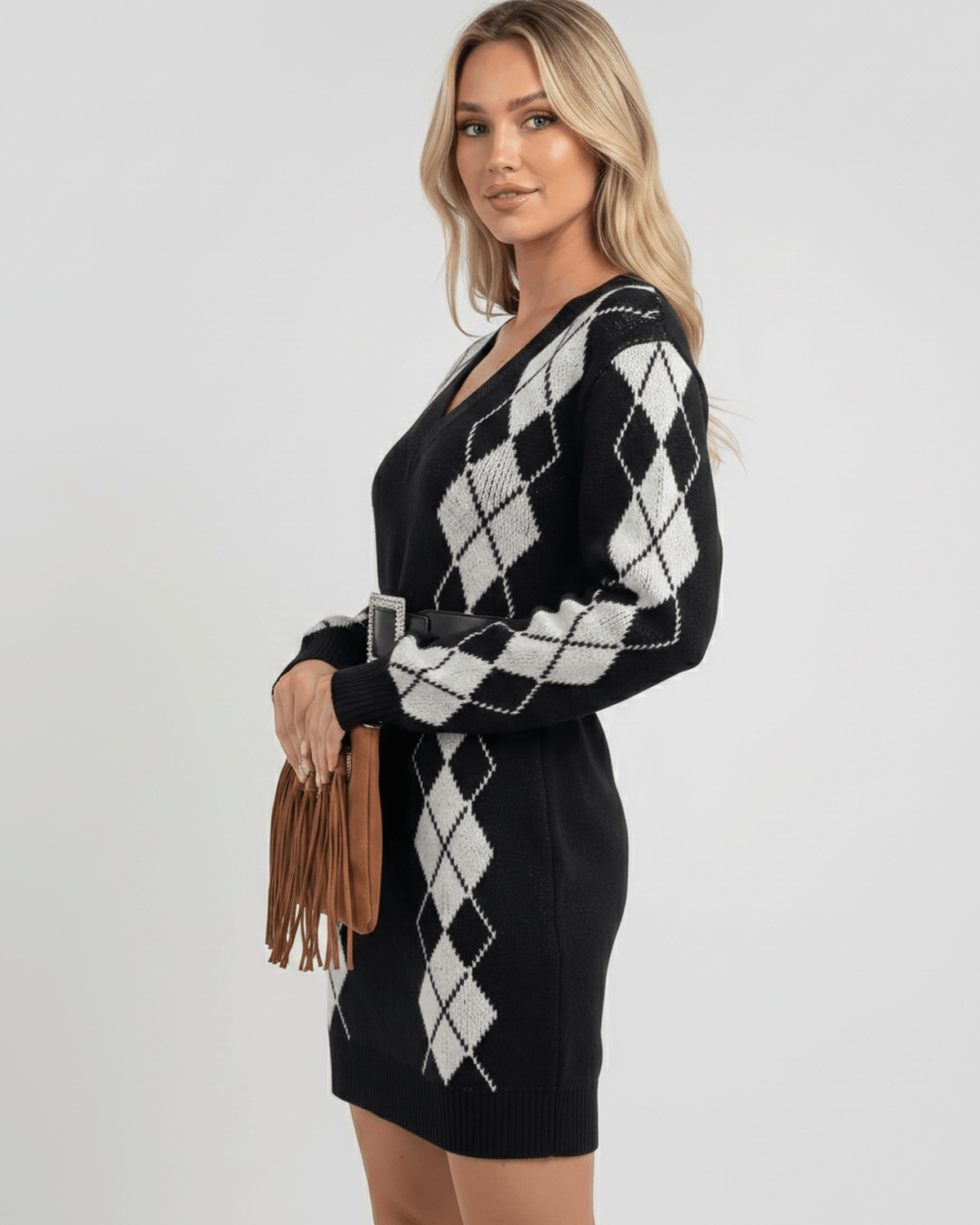 Arden Mini Dress with argyle pattern, V-neckline, and cozy acrylic knit by Lauven, perfect for stylish comfort.