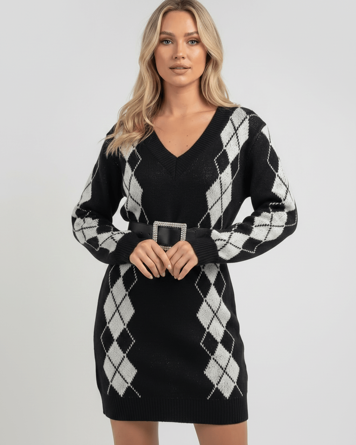 Arden Mini Dress featuring a V-neckline, cozy acrylic knit, and argyle pattern from Lauven, perfect for stylish comfort.