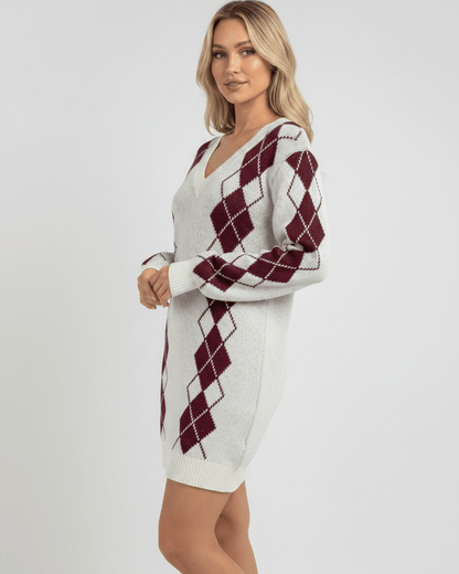 Arden Mini Dress by Lauven, cozy acrylic knit, V-neck, argyle pattern, relaxed fit, stylish and comfortable.