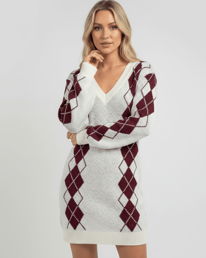Arden Mini Dress in acrylic knit with V-neck, cozy argyle pattern, modern style, Lauven brand.