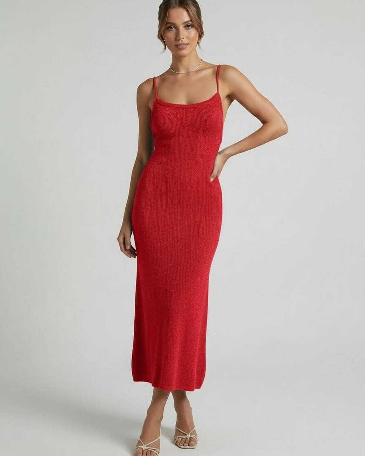 Ardessa Midi Dress by Lauven - Red Spaghetti Strap Midi Dress with Elegant Slim Silhouette