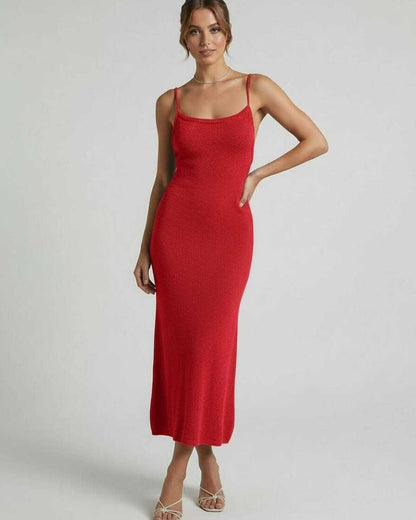Ardessa Midi Dress by Lauven - Red Spaghetti Strap Midi Dress with Elegant Slim Silhouette