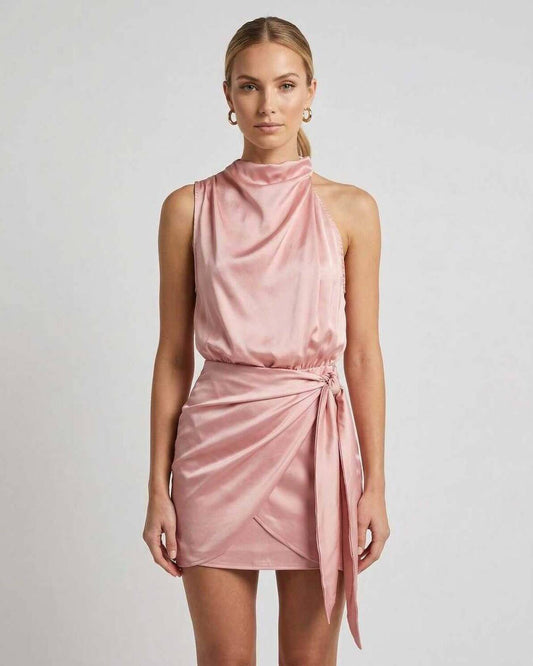Aria Mini Dress by Lauven – Pink satin mini dress with draped high neck and wrap tie detail.