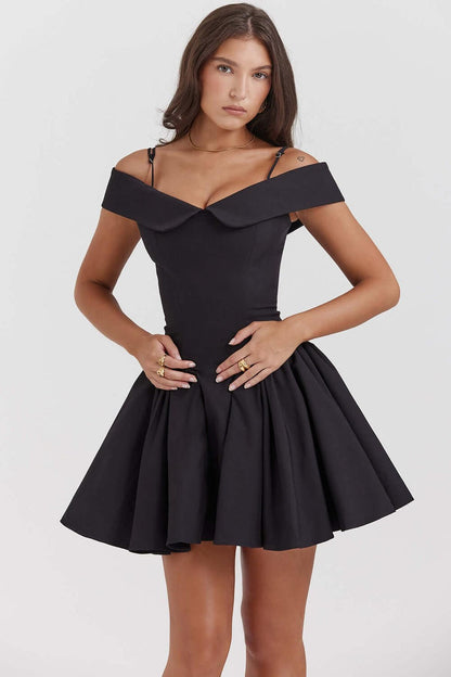 Elegant off-shoulder black mini dress, perfect for cocktail events, proms, and summer parties.