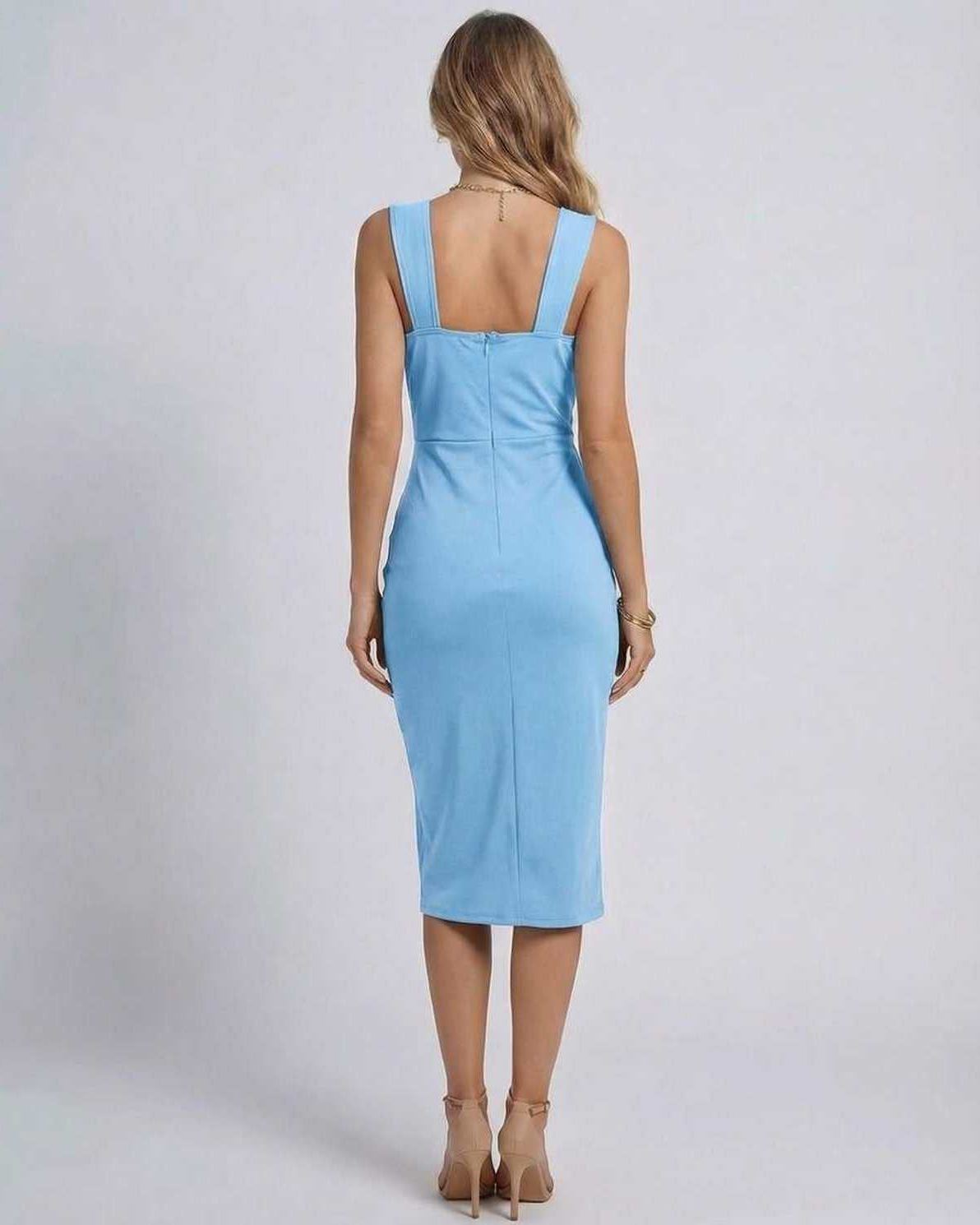 Back view of Lauven Ariel Midi Dress, soft blue satin wrap dress with a fitted silhouette and elegant design.