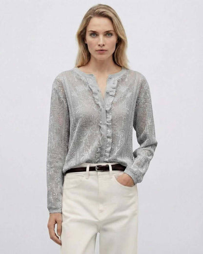 Aspen Blouse by Lauven – Women’s Gray Long Sleeve Jacquard Knit with Button Front
