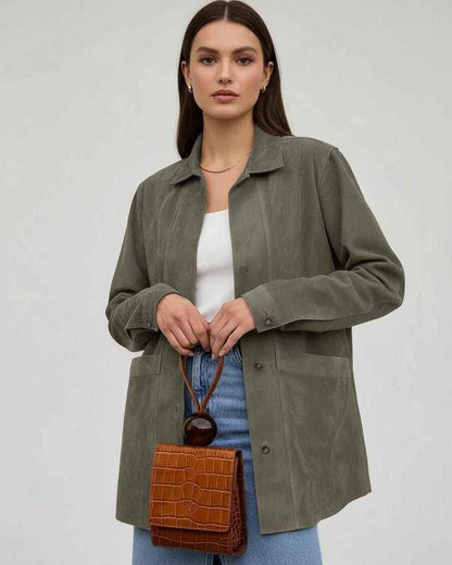 Aspen Jacket by Lauven - Women’s Oversized Jacket in olive green, featuring a relaxed fit and button-down front.