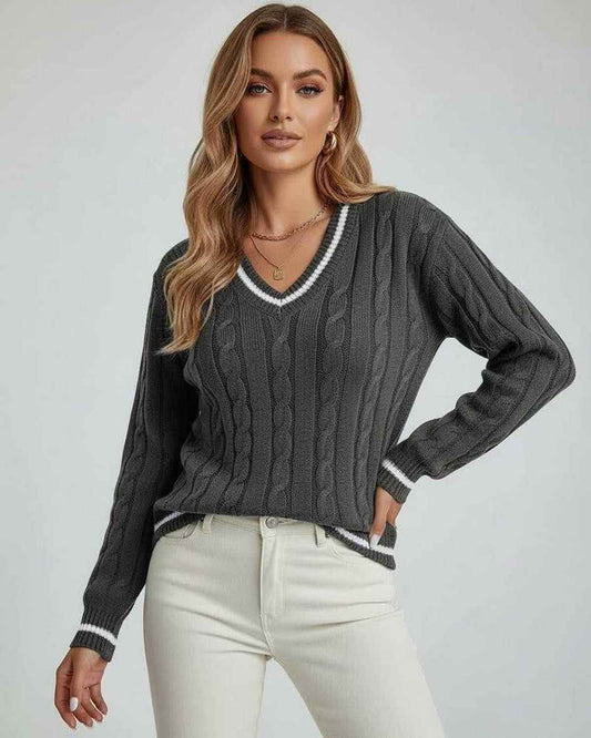 Aspen Sweater by Lauven – Women’s Gray V-Neck Cable Knit Sweater with Long Sleeves and Striped Trim