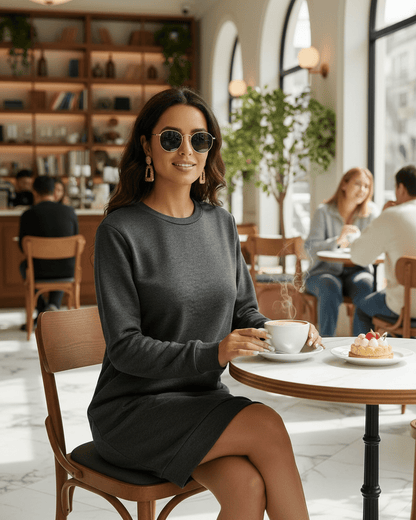 Astrid Mini Dress by Lauven, casual dark charcoal sweatshirt dress in a café setting.