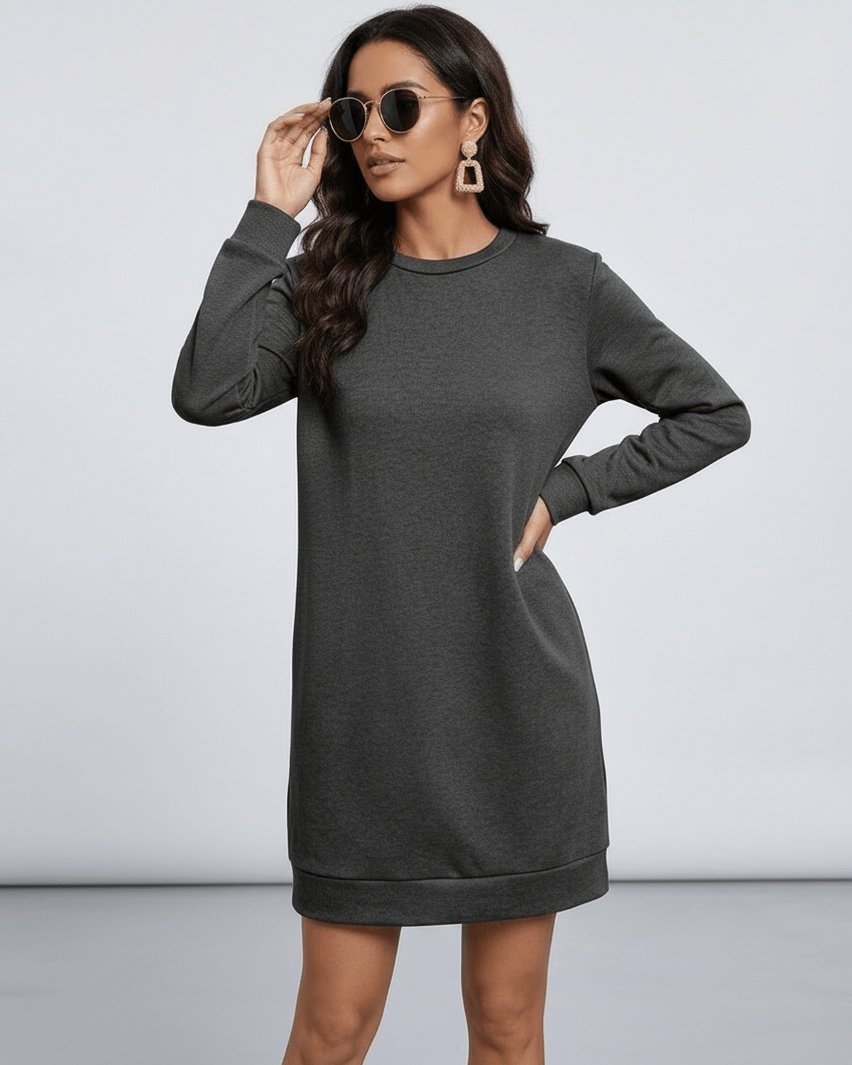 Astrid Mini Dress by Lauven, casual dark charcoal sweatshirt dress with pockets and relaxed silhouette.