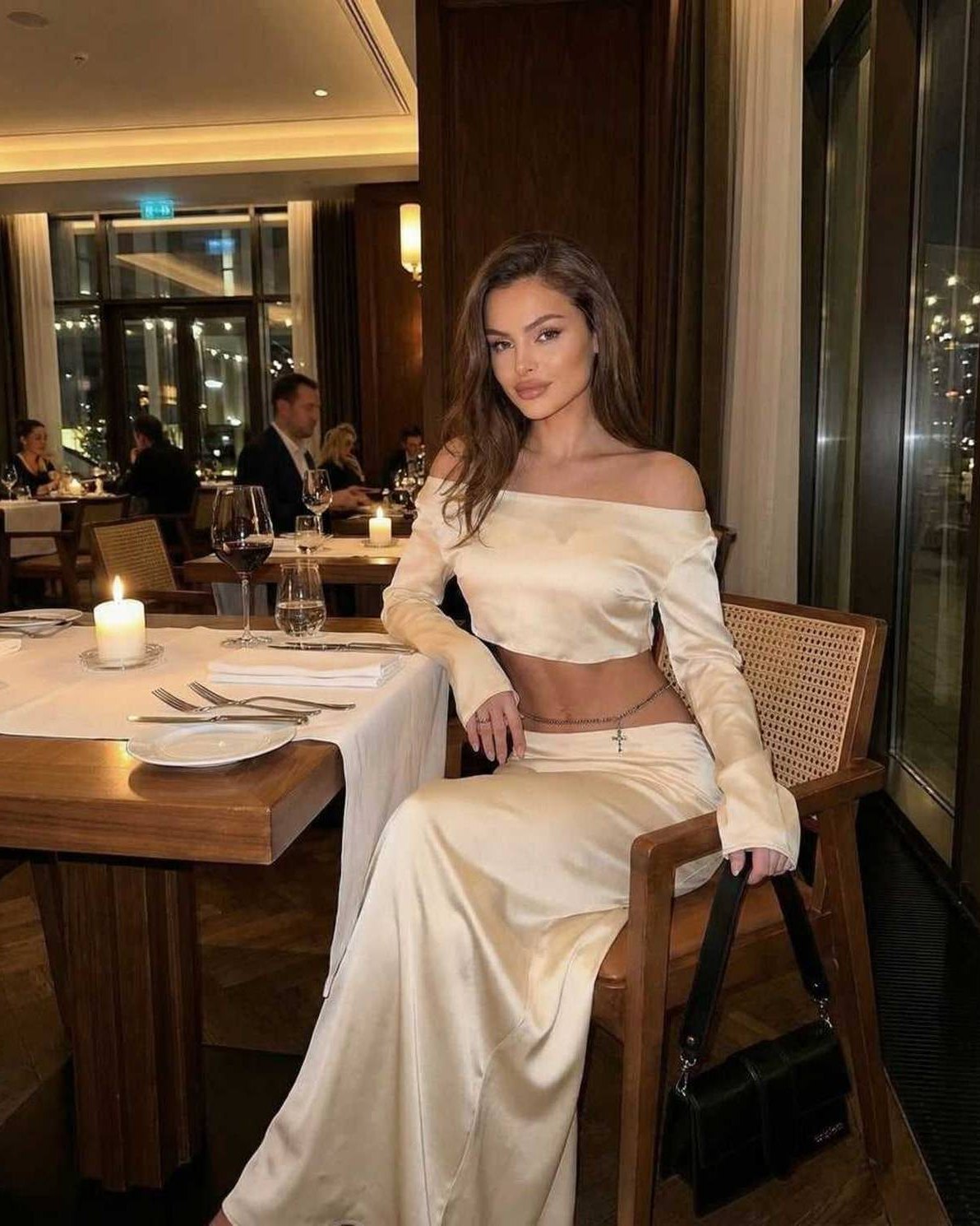 Aura Midi Dress by Lauven, featuring luxurious satin finish in elegant champagne, perfect for upscale events.