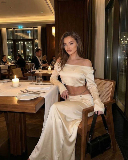 Aura Midi Dress by Lauven, featuring luxurious satin finish in elegant champagne, perfect for upscale events.