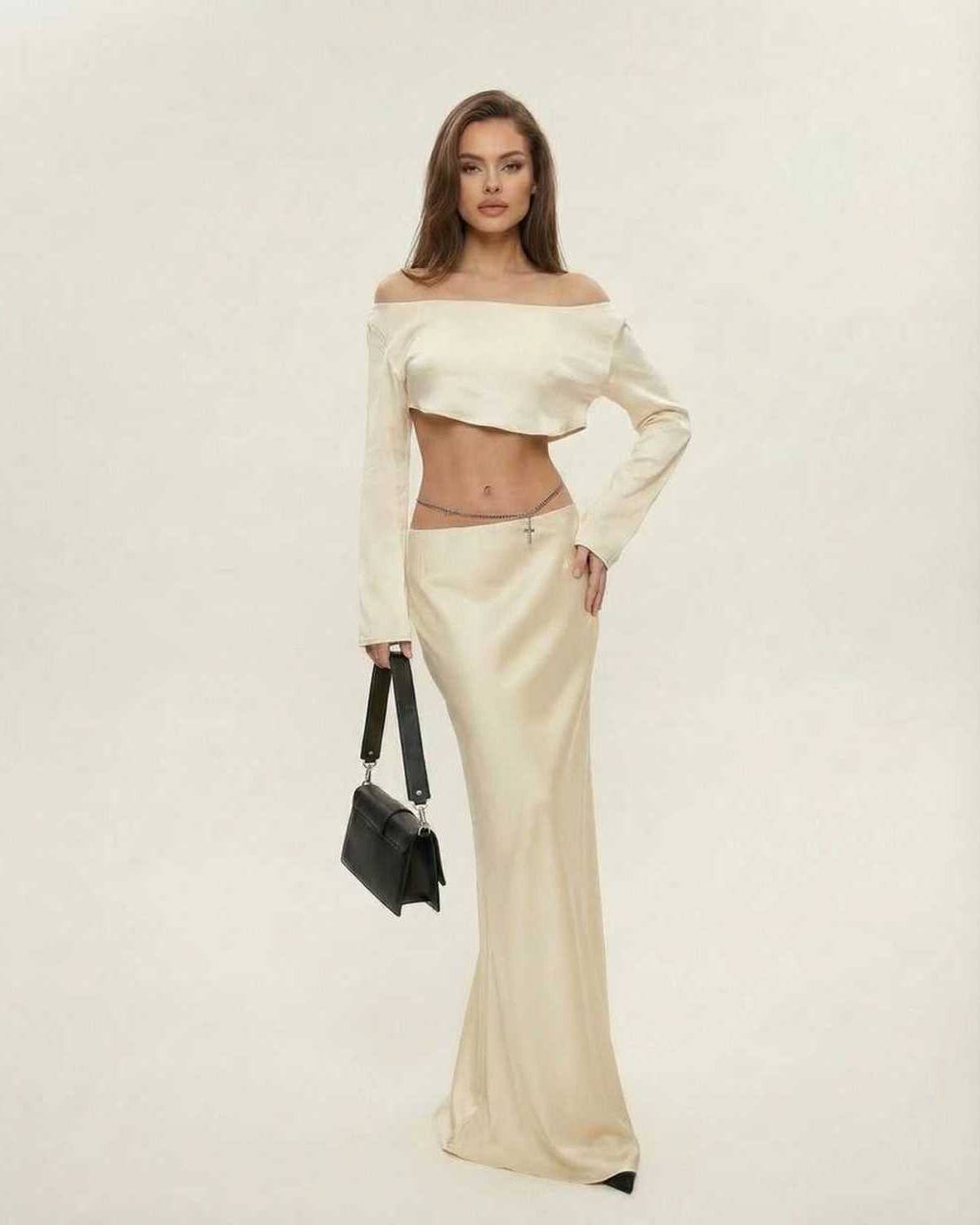 Aura Midi Dress by Lauven, featuring a luxurious satin finish in elegant champagne color.