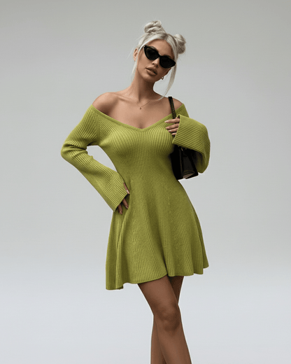 Aura Mini Dress by Lauven in slim fit green knit with V-neck and flared cuffs, perfect for stylish occasions.