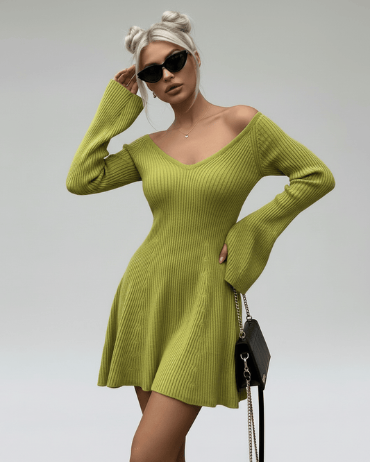 Aura Mini Dress by Lauven in slim fit green knit with V-neck and flared cuff sleeves.