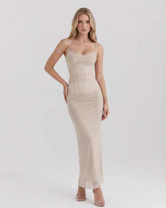 Aurelia Maxi Dress - Elegant beige mesh bodycon dress with lace details and slim fit by Lauven.