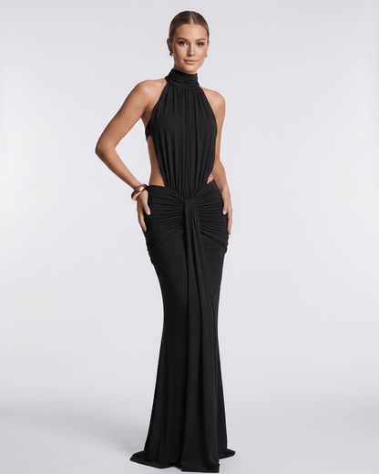 Aurelia Maxi Dress by Lauven, featuring stretch fabric, high neck, and a body-skimming silhouette for elegant evenings.