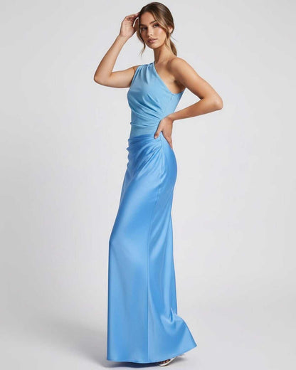 Aurelia Maxi Dress side view, blue one shoulder design with elegant drape, from Lauven brand.