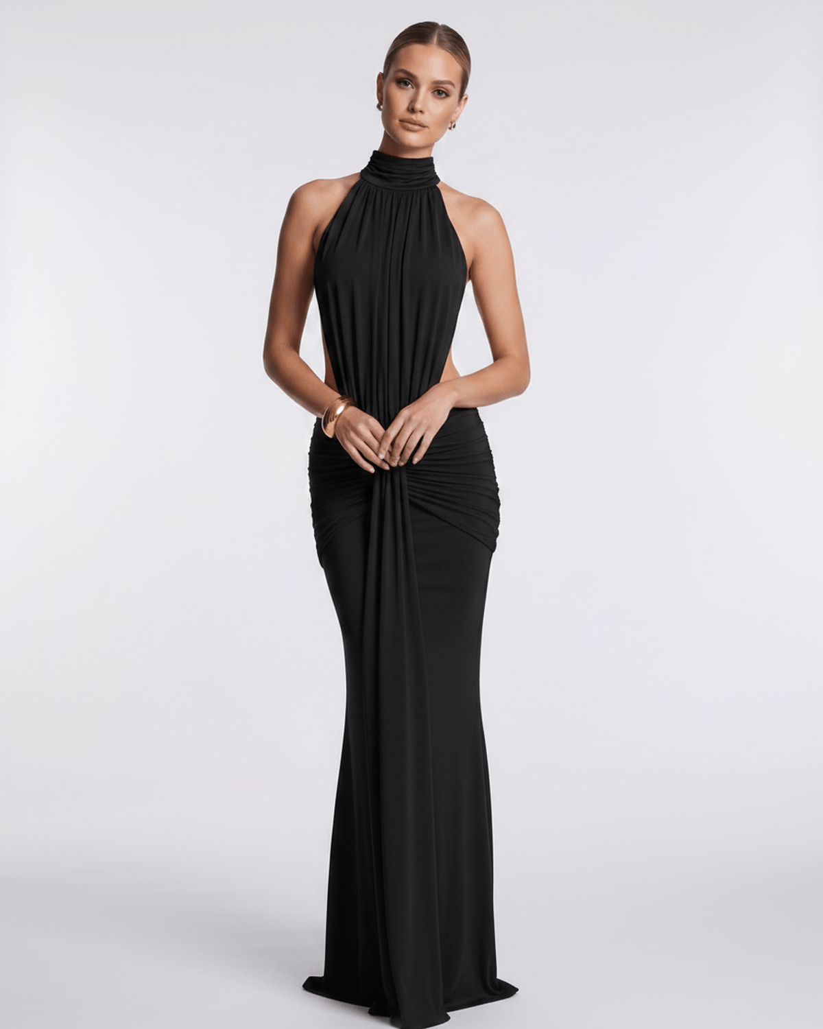 Aurelia Maxi Dress in smooth stretch fabric, high neck with a body-skimming silhouette by Lauven.