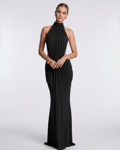 Aurelia Maxi Dress in smooth stretch fabric, high neck with a body-skimming silhouette by Lauven.