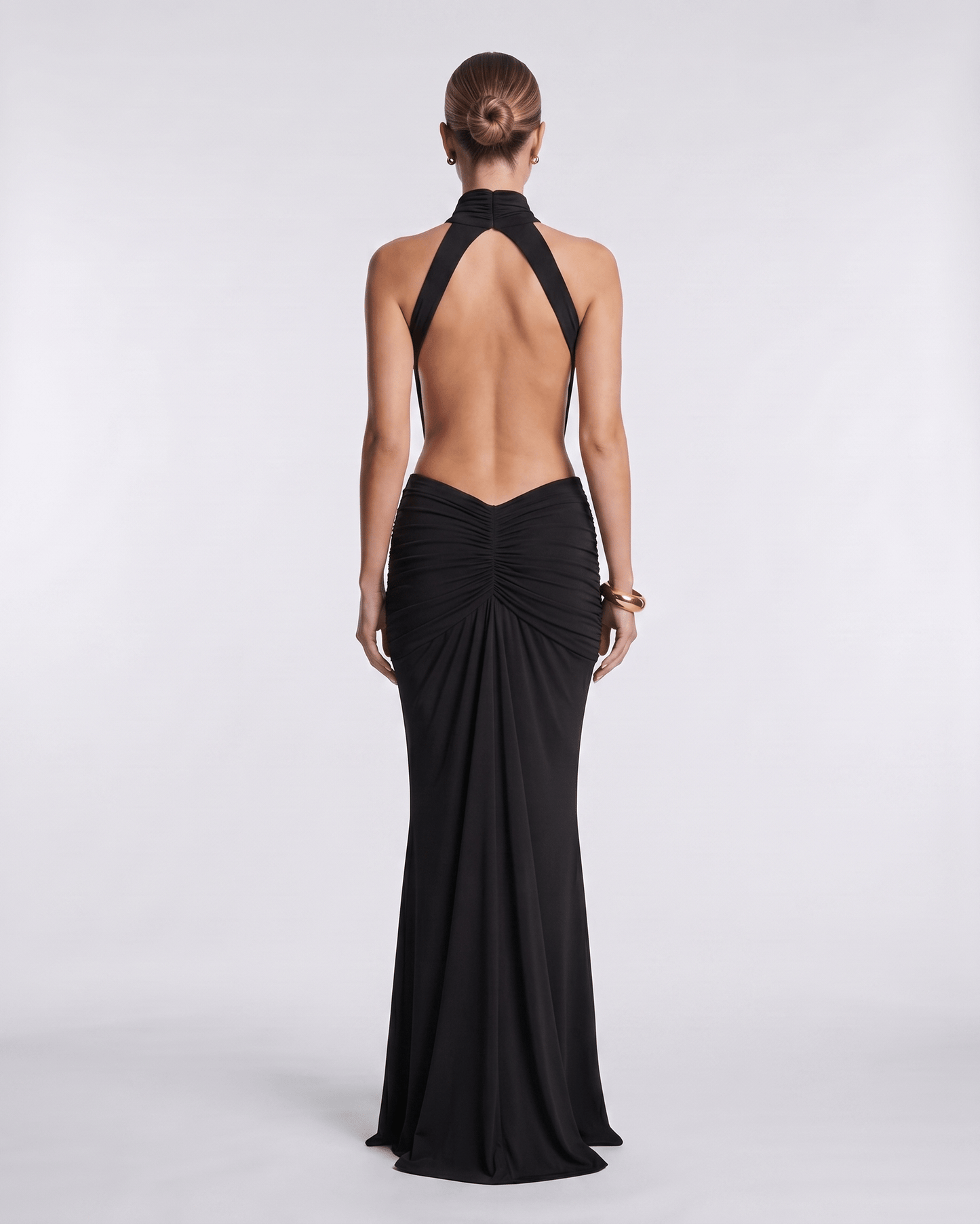 Aurelia Maxi Dress in black, showcasing a high neck design and soft gathering at the waist for a sleek silhouette.