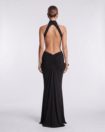 Aurelia Maxi Dress in black, showcasing a high neck design and soft gathering at the waist for a sleek silhouette.