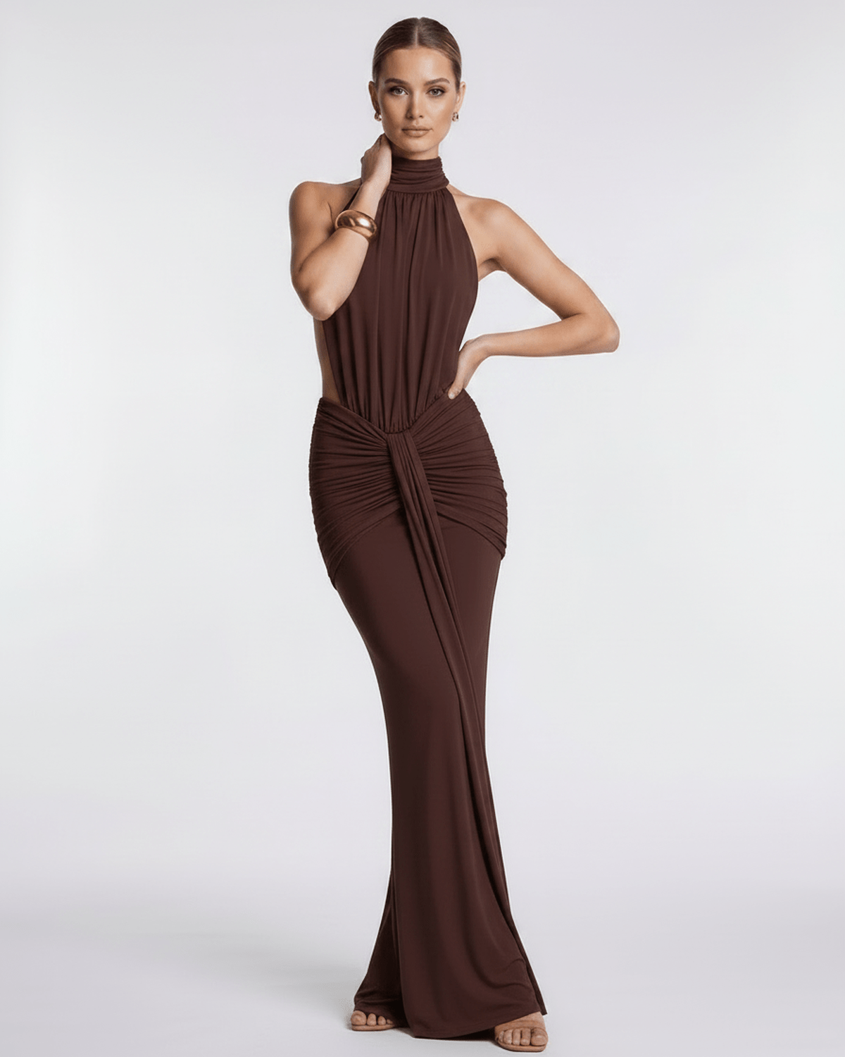 Aurelia Maxi Dress in stretch fabric with high neck, body-skimming silhouette, by Lauven. Perfect evening wear.