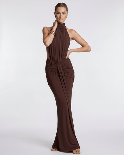 Aurelia Maxi Dress in stretch fabric with high neck, body-skimming silhouette, by Lauven. Perfect evening wear.