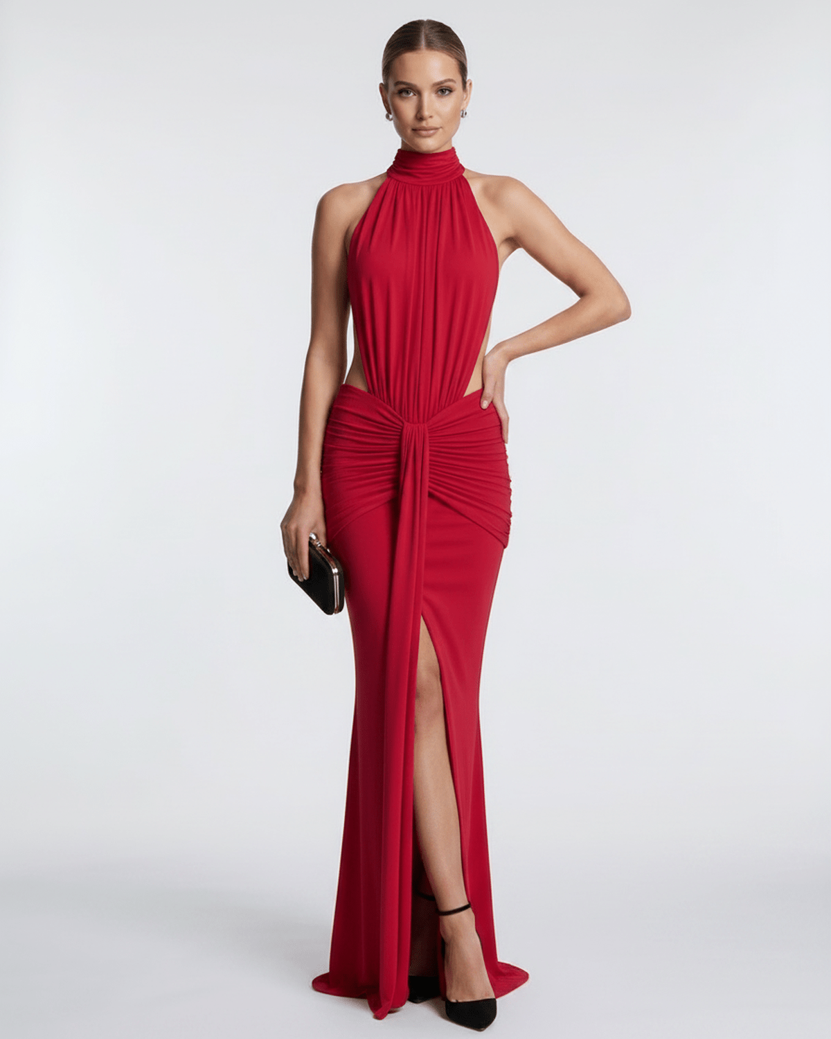 Aurelia Maxi Dress by Lauven, high neck, smooth stretch fabric, refined evening wear with body-skimming silhouette.