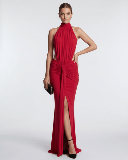 Aurelia Maxi Dress by Lauven, high neck, smooth stretch fabric, refined evening wear with body-skimming silhouette.