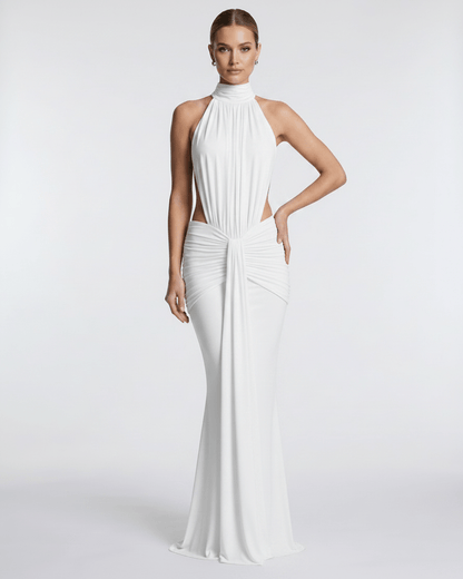 Aurelia Maxi Dress from Lauven, features smooth stretch fabric, high neck, and elegant silhouette.