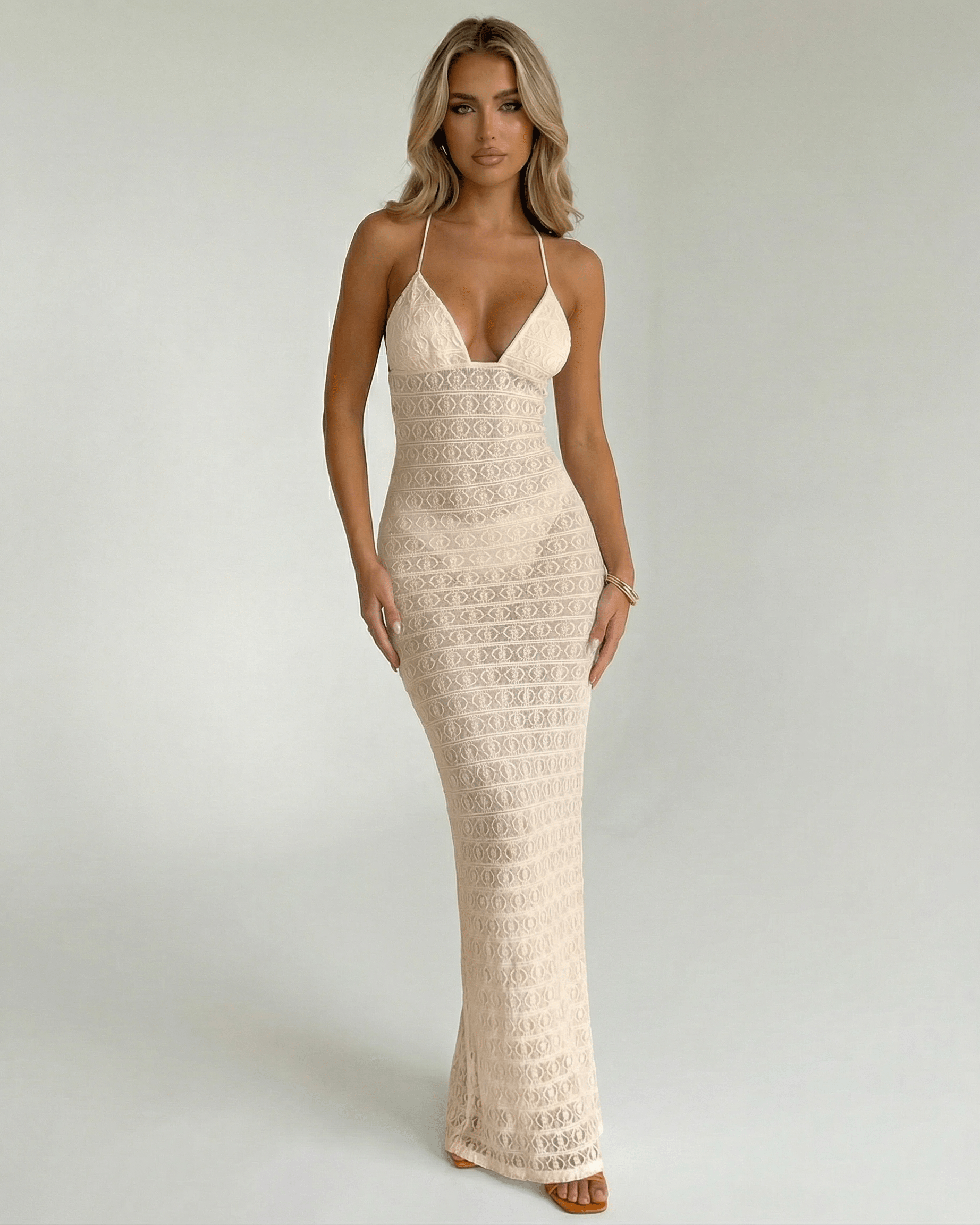 Aurelia Maxi Dress by Lauven featuring a lace V-neck and sleek ankle-length sheath silhouette.