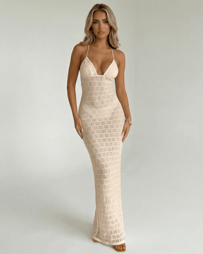 Aurelia Maxi Dress by Lauven featuring a lace V-neck and sleek ankle-length sheath silhouette.