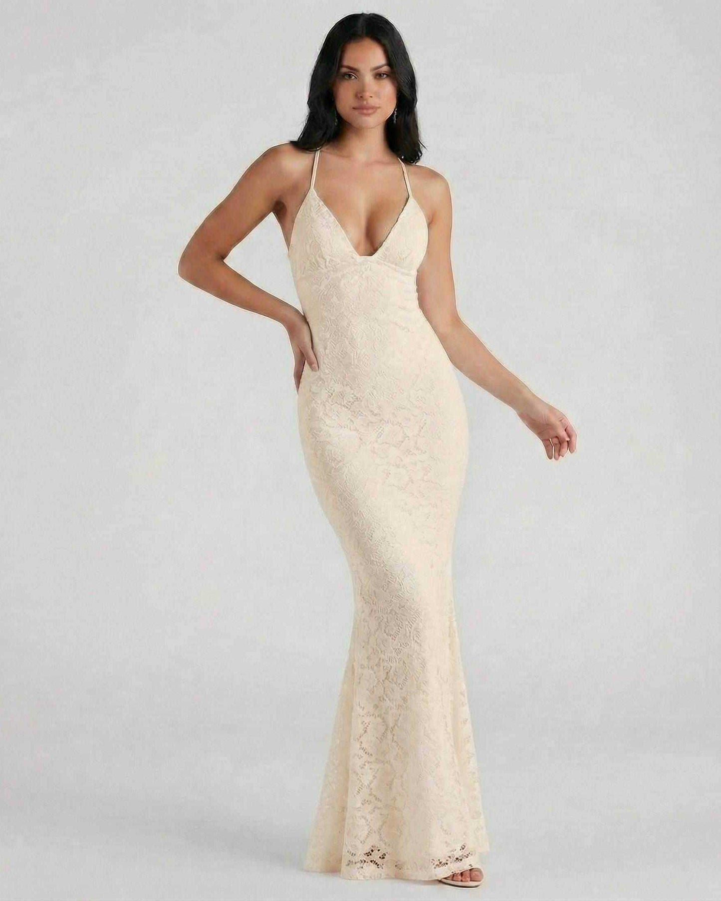 Aurelia Maxi Dress by Lauven — Lace V-Neck Trumpet Silhouette in elegant neutral shade, ankle-length hem.