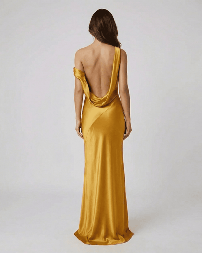 Aurelia Maxi Dress by Lauven - Stunning satin gold maxi dress with open back and high waist, showcasing a fluid silhouette.