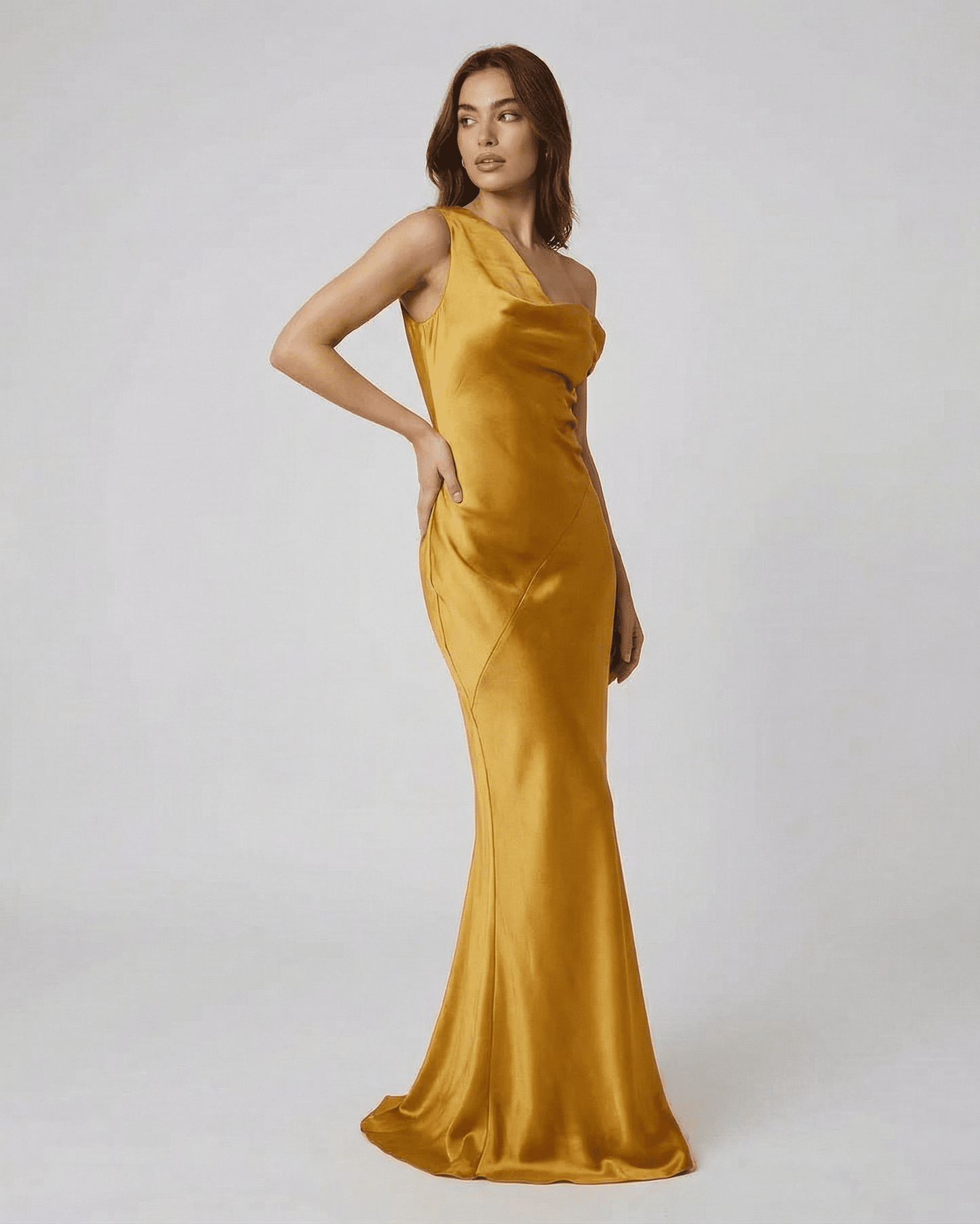 Aurelia Maxi Dress by Lauven, satin gold dress with fluid silhouette and open back elegance.