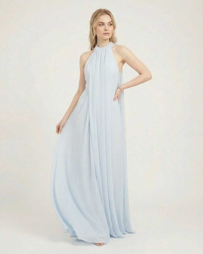 Aurelia Maxi Dress by Lauven, light blue halter neck sleeveless design with flowing silhouette and loose fit.