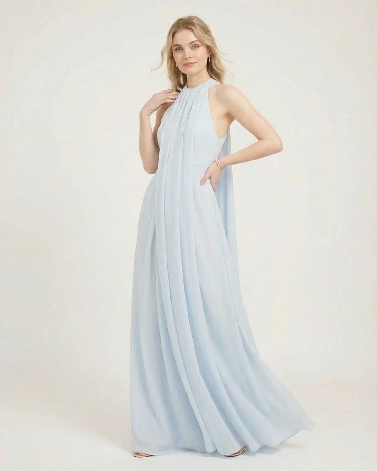 Aurelia Maxi Dress by Lauven, light blue halter neck sleeveless maxi dress with loose fit and elegant drape.