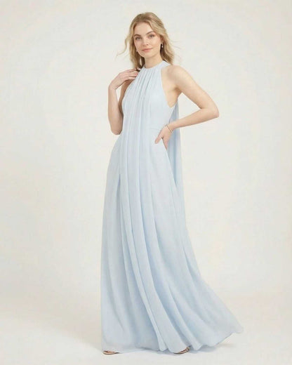 Aurelia Maxi Dress by Lauven, light blue halter neck sleeveless maxi dress with loose fit and elegant drape.