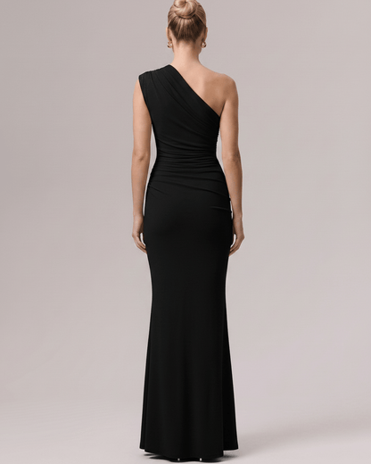 Aurelia Maxi Dress - elegant black stretch jersey, one-shoulder design enhancing silhouette, by Lauven.